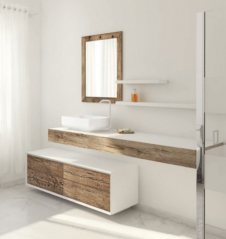 photos de salle de bain -meuble-sous-vasque-bois-blanc-miroir-cadre-bois