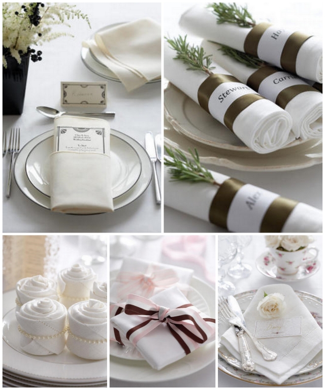 pliage-serviettes-art-table-idées-table-mariage-roses-blanches-rubans