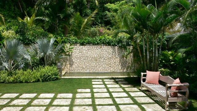 revêtement-de-sol-extérieur-pierres-herbe-palmiers