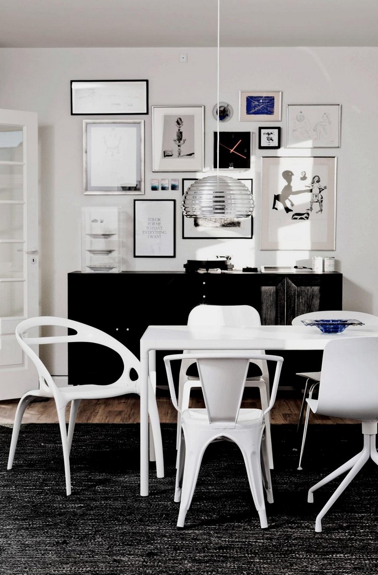 salle à manger moderne -noir-blanc-table-chaises-blanches-tapis-gris-graphite