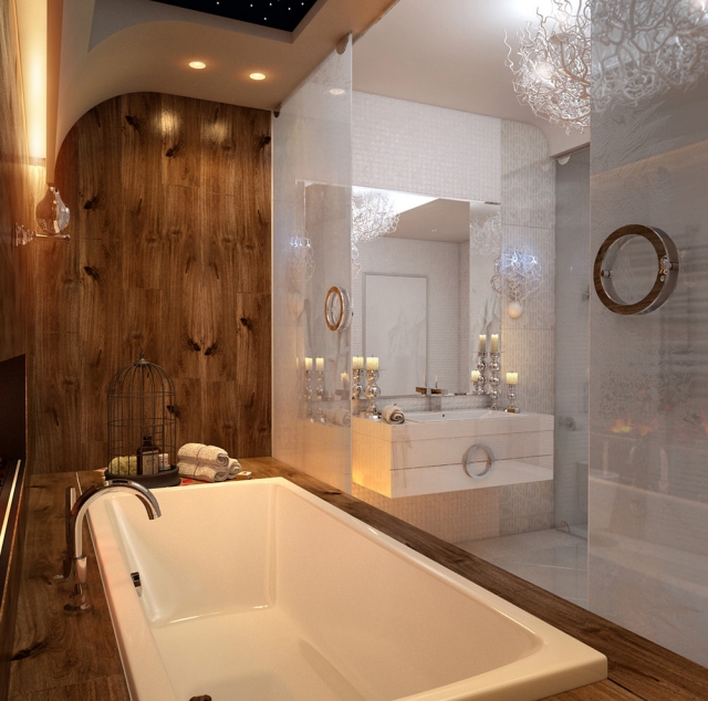 salle-bain-design-luxe-bien-être-baignoire-blanche-bois-miroir-lustre-blanc-design-cloison-verre-dépoli