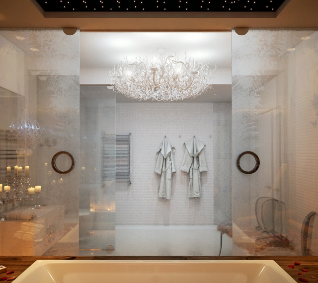 salle de bain design salle-bain-design-luxe-bien-être-baignoire-plafond-étoilé-cloison-verre-dépoli