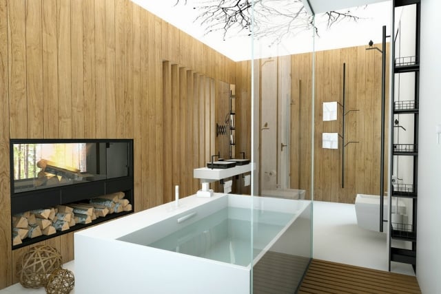 salle-bain-design-luxe-bien-être-baignoire-rectangulaire-blanche-bois-cheminée