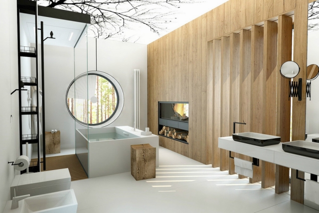 salle-bain-design-luxe-bien-être-baignoire-rectangulaire-fenêtres-rondes-oiseaux-branches-silhouettes