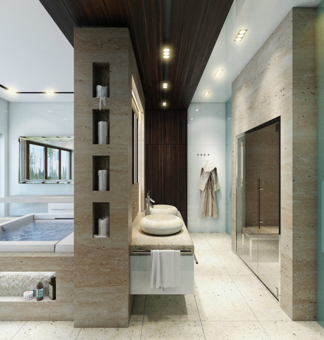 salle-bain-design-luxe-bien-être-bois-éclairage-intégré-pierre-naturelle-revêtement-mural