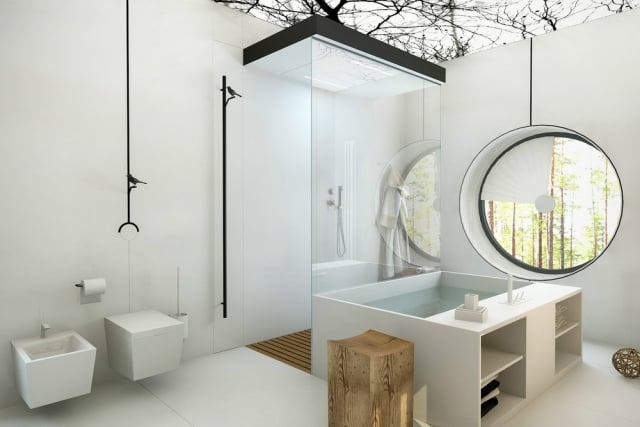 salle-bain-design-luxe-bien-être-cabine-douche-fenêtre-ronde-branches-plafond-cuvette-suspendue