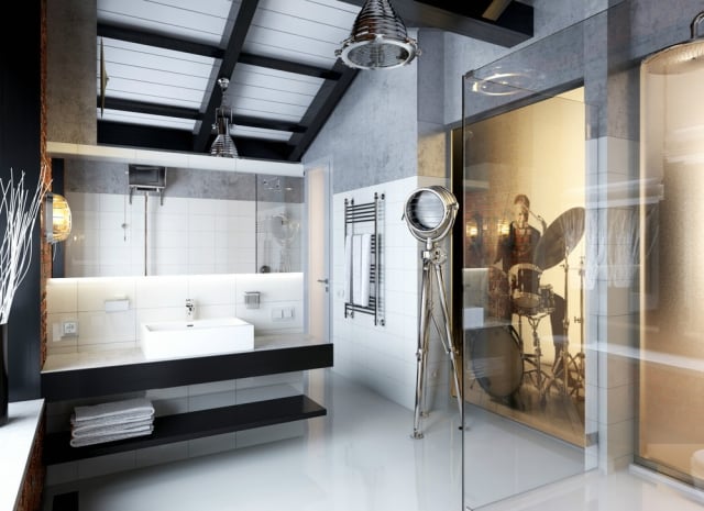 salle-bain-design-luxe-bien-être-cabine-douche-miroir-lavabo-blanc-lampe-pied