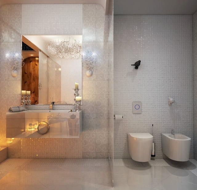 salle-bain-design-luxe-bien-être-carrelage-mosaique-blanche-cuvette-suspendue-oiseau-mur