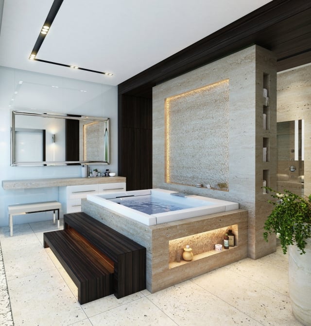 salle-bain-design-luxe-bien-être-escalier-banc-bois-baignoire-éclairage-encastré