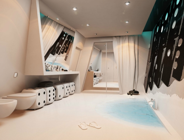 salle-bain-design-luxe-bien-être-inspirée-jeux-dés-tabourets-dominos-baignoire