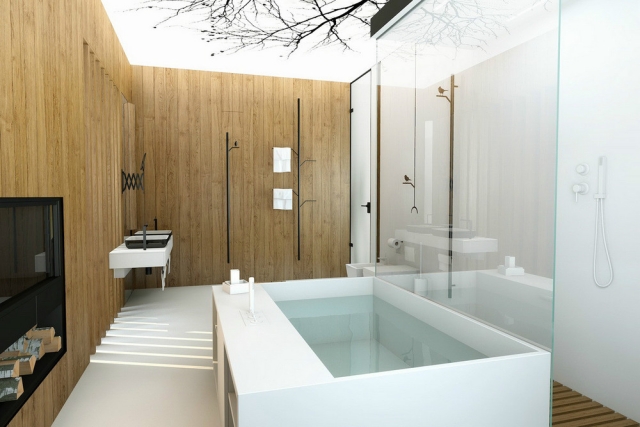 salle-bain-design-luxe-bien-être-inspirée-nature-murs-revêtement-bois-baignoire-rectangulaire-cloison