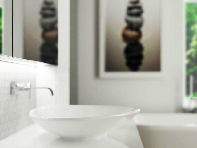 salle-bain-design-luxe-bien-être-lavabo-rond-blanc-mitigeur-acier-inox