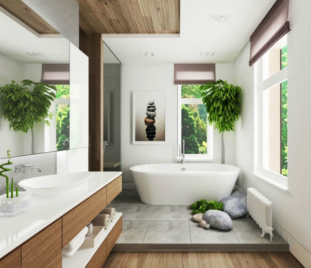 salle-bain-design-luxe-bien-être-plantes-baignoire-blanche-ovale-carrelage