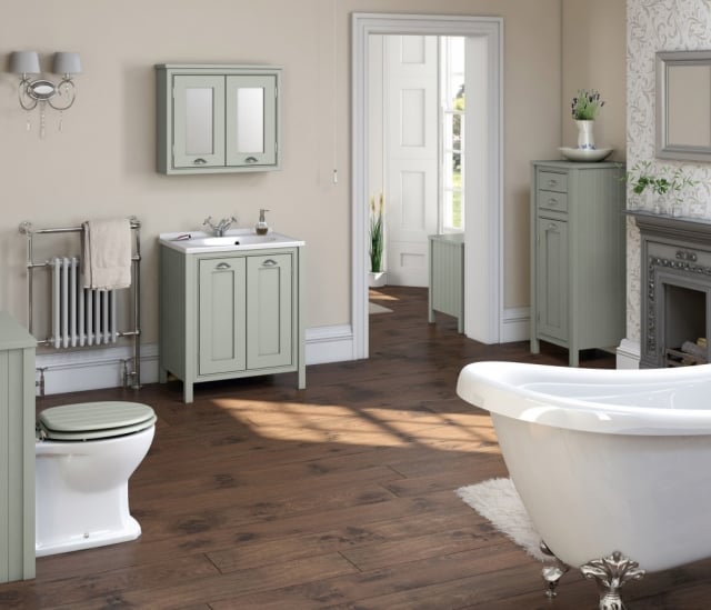 salle de bain rétro meubles-vert-gris-pieds-baignoire-argent