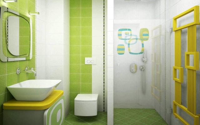 salle-bain-vert-pomme-jaune-miroir-moderne