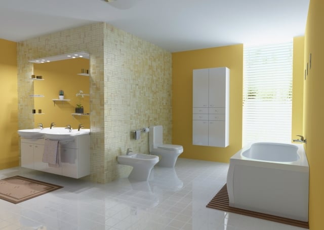 salle-de-bain-moderne-couleur-jaune-baignoire-toilettes-lavabo