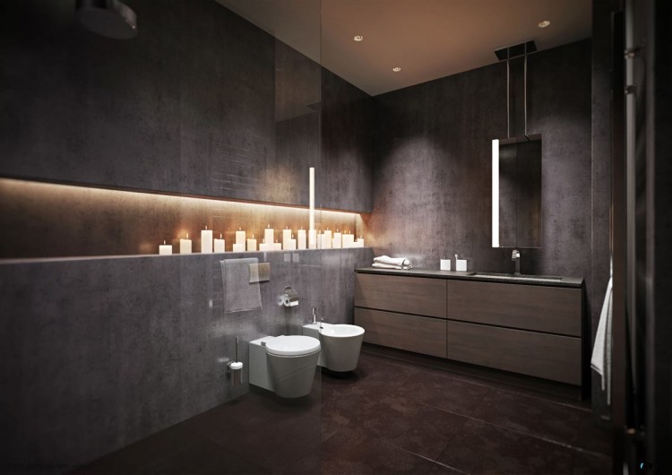 salle de bain moderne -grise-niche-murale-bougies-meuble-vasque-bois