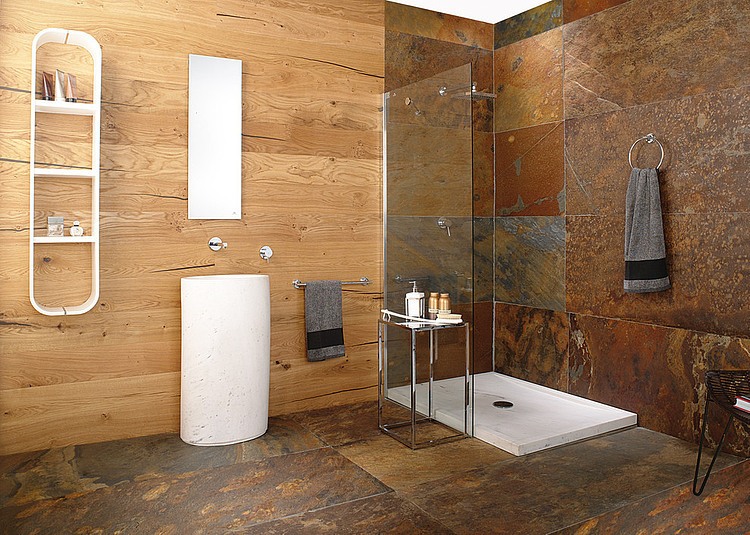 salle de bain moderne -revetement-mural-bois-pierre-douche-italienne-paroi-verre