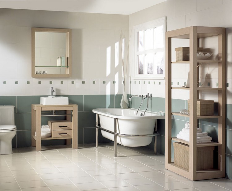 salle de bain rétro -revisitee-carrelage-vert-olive-beige-meubles-bois