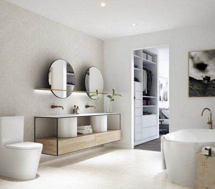 salle de bain zen -plante-interieur-miroirs-ronds-meuble-vasque-bois