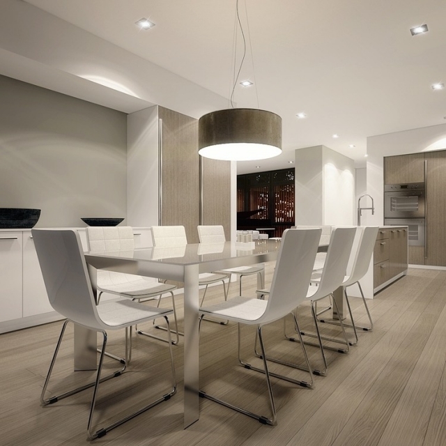 salle à manger moderne blanc-pure-sol-bois-stratifié