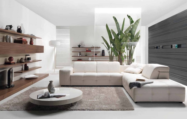 salon contemporain canapé-angle-blanc-bois-table-ronde