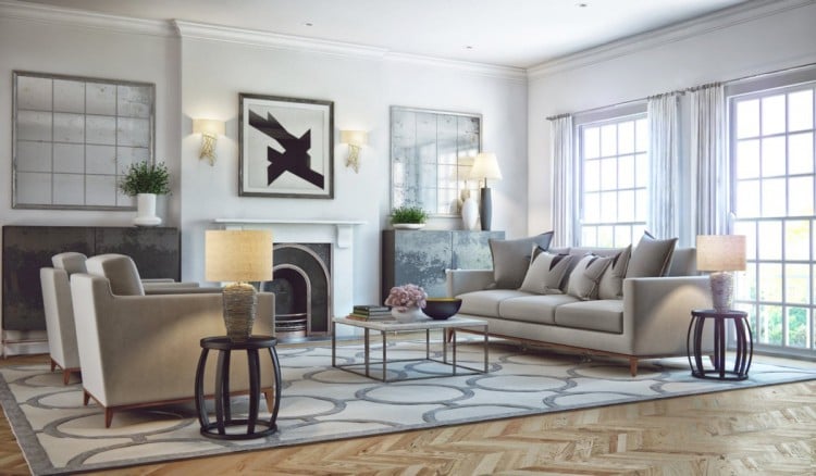 salon contemporain -ensemble-canape-fauteuils-gris-clair-tapis-motif-circulaire-cheminee-table-basse-marbre