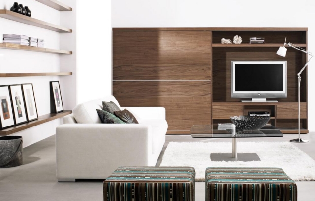 salon contemporain meuble tv bois canapé-blanc