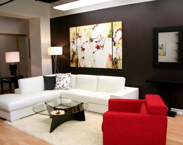 salon moderne canapé angle blanc-fauteuil-rouge-tableau