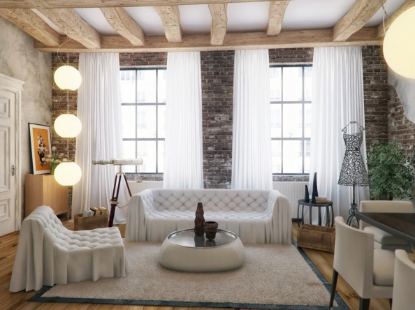 salon-moderne-murs-briques-loft-plafond-solives-rustiques