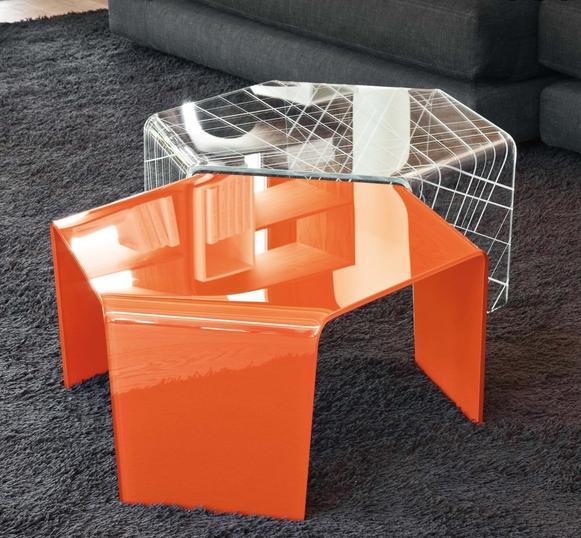 tables basses modernes hexagonales en plexiglas orange