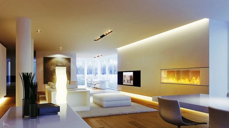 éclairage indirect led -plafond-cheminee-moderne-salon-blanc