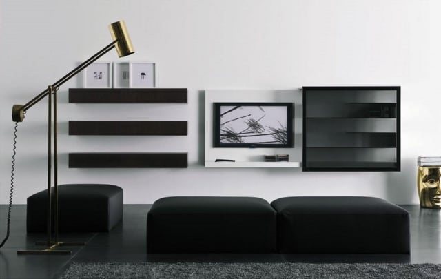 25-idées-conseils-meuble-tv-suspendu-blanc-élégant-étagères-noires