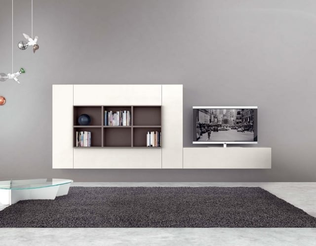 25-idées-conseils-meuble-tv-suspendu-blanc-élégant-petite-bibliothèque
