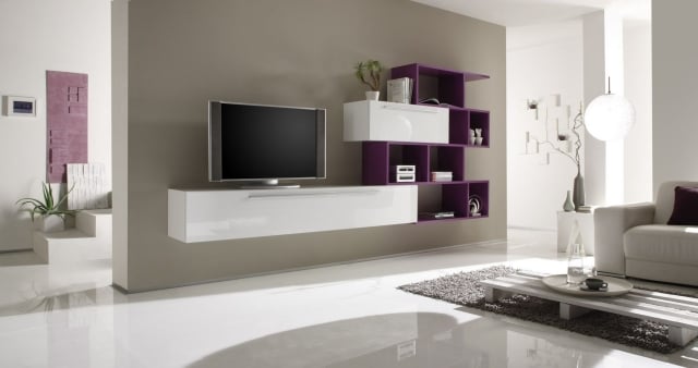 25-idées-conseils-meuble-tv-suspendu-blanc-lilas-salon meuble tv suspendu