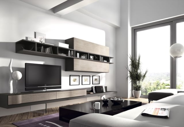 25-idées-conseils-meuble-tv-suspendu-bois-noir-clair-salon meuble tv suspendu