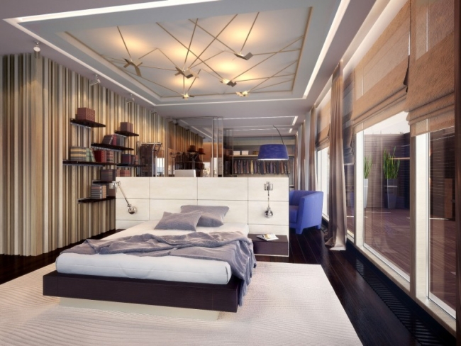 87-idées-chambre-coucher-moderne-touche-design-déco-plafond-papier-peint-rayures-multicolores-parquet-stratifié-foncé