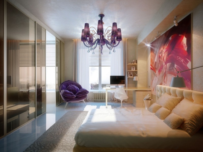 idées chambre à coucher 87-idées-chambre-coucher-moderne-touche-design-fauteuil-lilas-effet-velours-grand-lit-tableau-décoratif