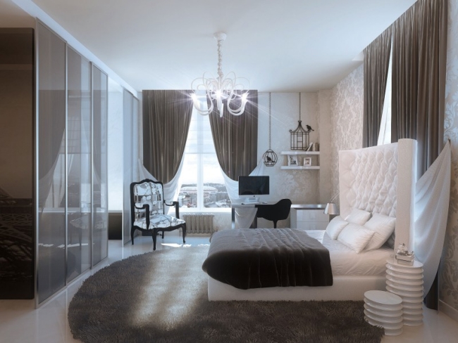 87-idées-chambre-coucher-moderne-touche-design-tête-lit-blanche-mobilier-élégant-design-tapis-rond-gris