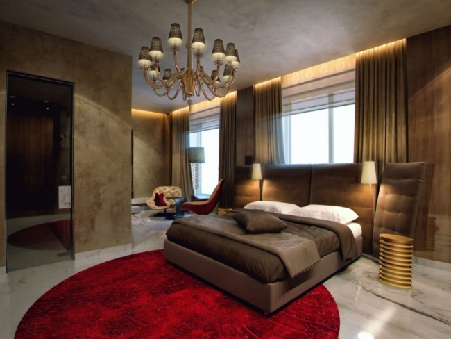 87-idées-chambre-coucher-moderne-touche-design-tapis-rond-rouge-tête-lit-effet-velours-lustre-magnifique