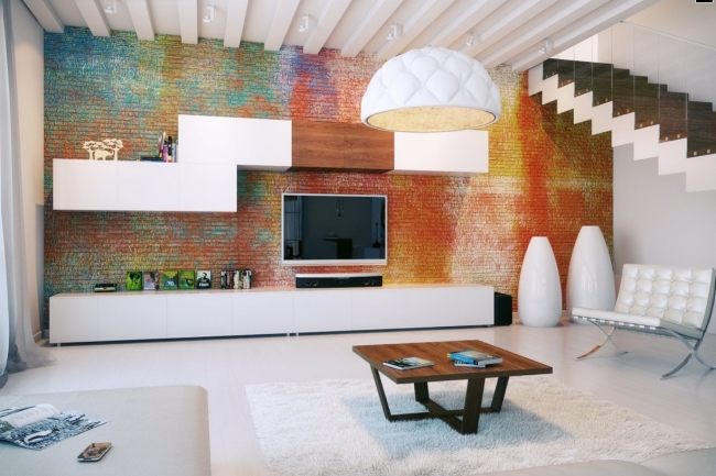 brique de parement brique-parement-20-idées-déco-intérieur-moderne-couleurs-revêtement-mural-idée-fraîche-suspension-blanche-table-basse-bois-salon