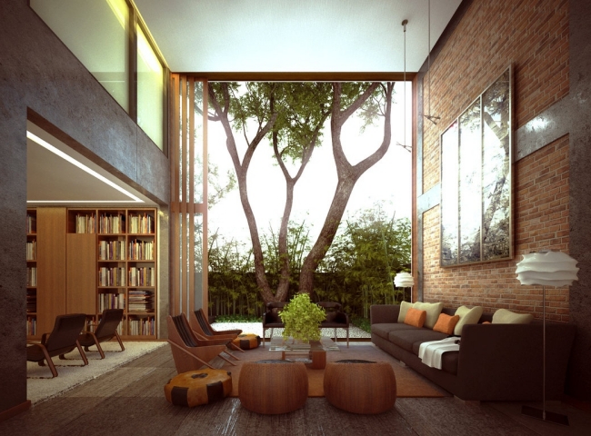 brique de parement brique-parement-20-idées-déco-intérieur-moderne-salon-ouvert-grand-mobilier-bois-effet-naturel-vue-jardin