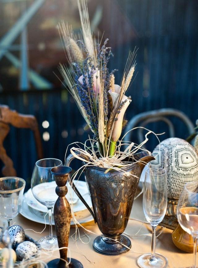 centre-table-fête-vintage-épis-blé-lavande