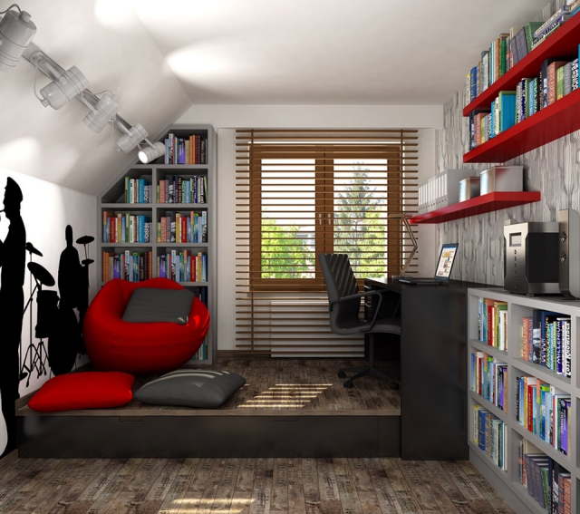 chambre-ado-idée-originale-fauteuil-rouge-bibliothèque
