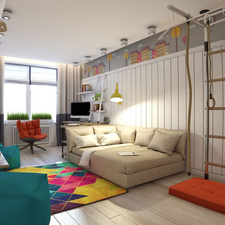 chambre ado -spacieuse-moderne-tapis-couleurs-néon-coin-bureau