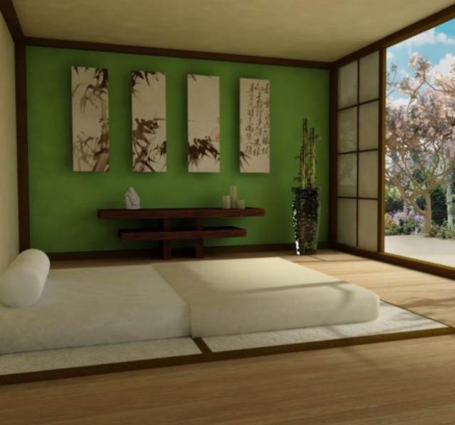chambre zen futon paneaux-mur-vert-porte-coulissante
