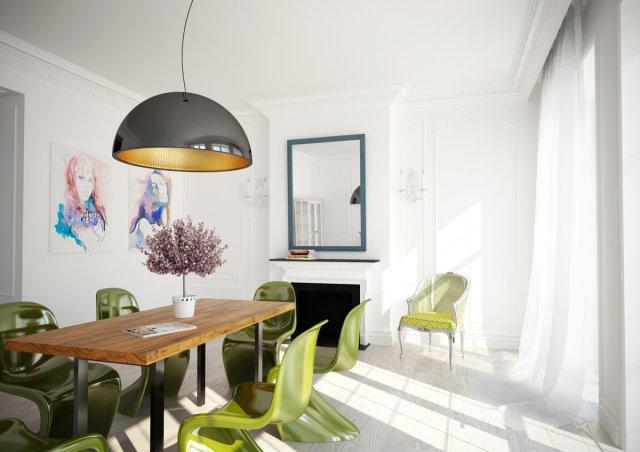 couleurs-déco-salle-mangerchaises-vert-réséda-table-bois-suspension-élégante