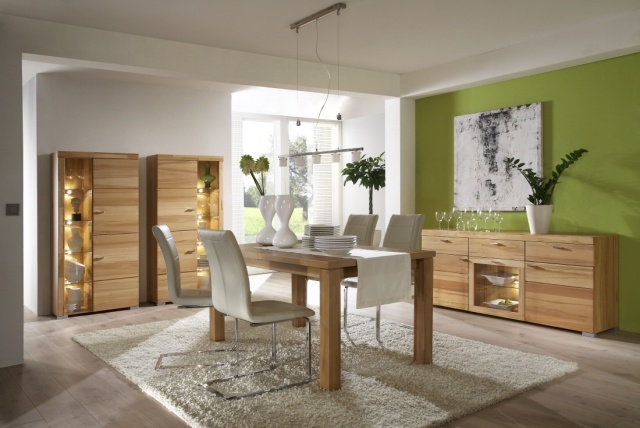 couleurs-déco-salle-manger-agréable-mur-vert-réséda-mobilier-bois