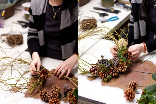 couronne-porte-naturelle-DIY-automne-hiver-pommes-pin-fleurs-lotus-séchées