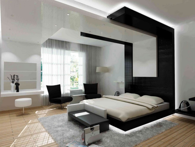 déco-moderne-noir-blanc-chambre-à-coucher-chaises-noires-tabouret